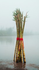 Wall Mural - an empty scene featuring blank mockup template of tall sugarcane stalks tied together with red threa