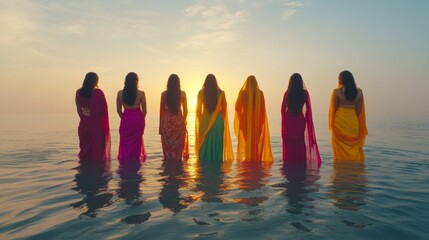 Wall Mural - an empty scene featuring blank mockup template of women in vibrant saris standing waist-deep in wate