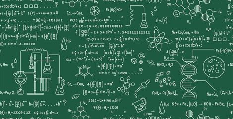 Wall Mural - seamless chemical and science formula background on blackboard.