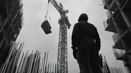 Poster - Construction Worker Silhouetted Against Crane and Building