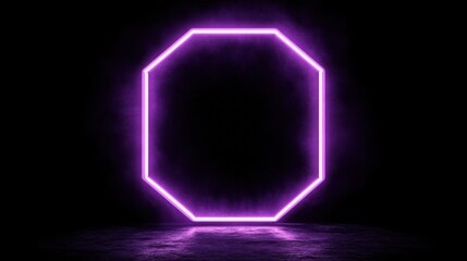 Poster - Dynamic neon octagon frame rotating in space, glowing brightly against a dark, simple background, creating a futuristic and eye-catching visual