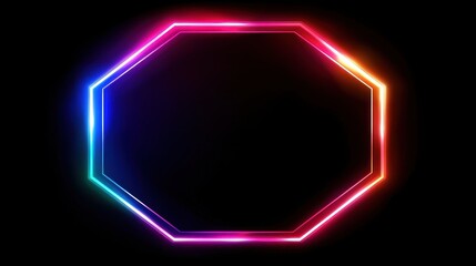 Poster - Dynamic neon octagon frame rotating in space, glowing brightly against a dark, simple background, creating a futuristic and eye-catching visual