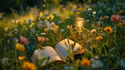Wall Mural - a lit light bulb and book resting in a field of wildflowers