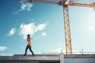 Poster - man, phone call and walking on construction site, outdoor and inspector for property project. male p