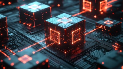 Aufkleber - Glowing Red Lines Connecting Futuristic Black Cubes on a Circuit Board