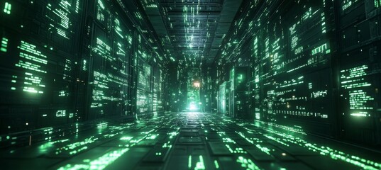 Fototapete - Green matrix virtual digital space portal technology background. Generative AI technology.	

