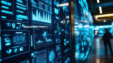 Poster - Wall of Glowing Screens Displaying Data and Graphs