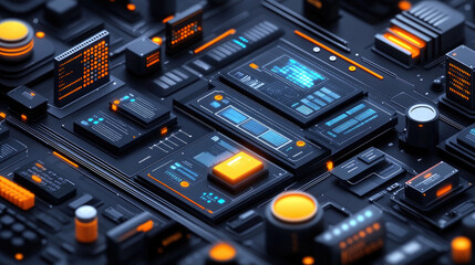 Isometric illustration of computer components connected by lines.