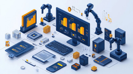 Isometric illustration of computer components connected by lines.