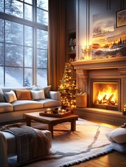 Cozy Living Room with Fireplace and Christmas Tree.