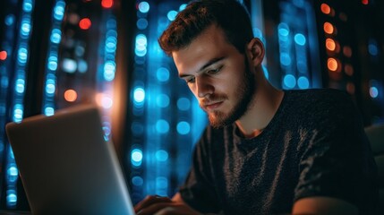 Poster - A Young Man Works on His Laptop in a City at Night