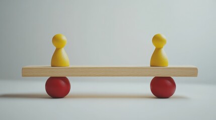 red and yellow pawn figures positioned on either end of a wooden seesaw, gently tilting as they bala