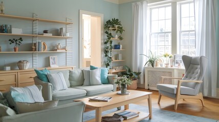 a cozy living room with soft pastel colors, light wooden furniture, and a comfortable armchair by the window