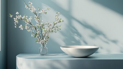 Poster - Minimalist interior scene with a bowl on an elegant podium, featuring subtle floral arrangements and soft natural lighting