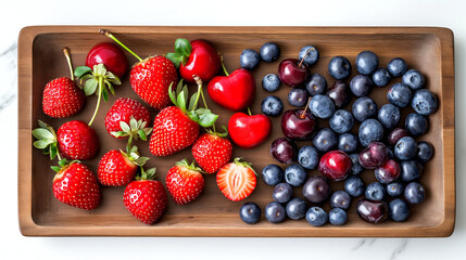 Flatlay Mixed assorted fresh berries colorful pattern in a wooded tray on white background. blueberry, strawberry