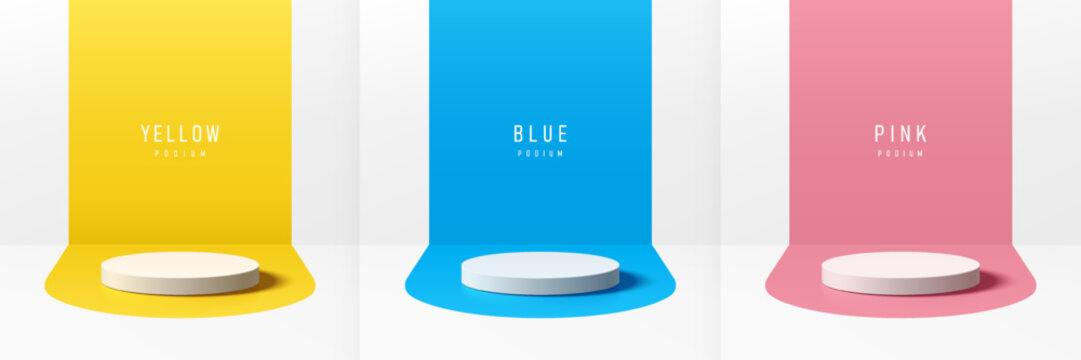 Set of 3D podium with blue, pink, yellow in round shape on white background. Abstract geometric composition in minimal design. Studio showroom product pedestal, Fashion stage showcase mockup scene.
