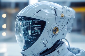 Poster - A close-up of a futuristic space helmet, with a holographic display showing mission data and navigation instructions.