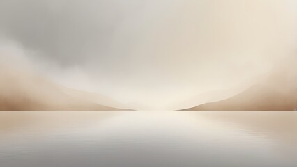 Aufkleber - minimalist landscape painting featuring a serene and tranquil scene with a wide expanse of calm water in the foreground, reflecting the soft, muted tones of the sky and distant mountains