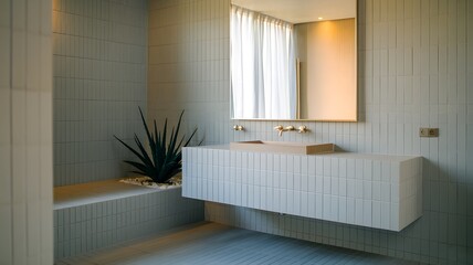 a minimalist bathroom with a frameless mirror, a floating vanity, and soft gray tiles