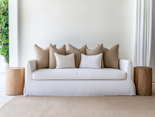 A modern white sofa adorned with beige pillows placed in a bright, minimalist living room