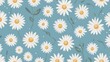 © Phoneutria - seamless floral pattern vector illustration featuring white daisies with yellow centers flowers against a muted blue background