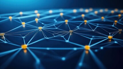 Poster - Abstract Network of Golden Nodes Interconnected by Thin White Lines on a Dark Blue Background