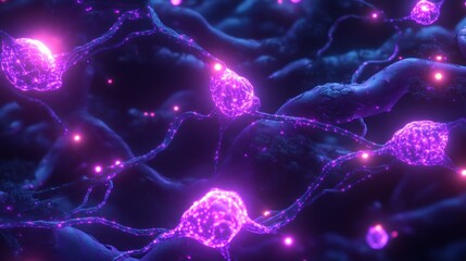Poster - Glowing Purple Neuron Network with Synapses and Axons