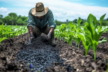 Wall Mural - a farmer using biochar as part of their regenerative farming practices to enhance soil fertility and