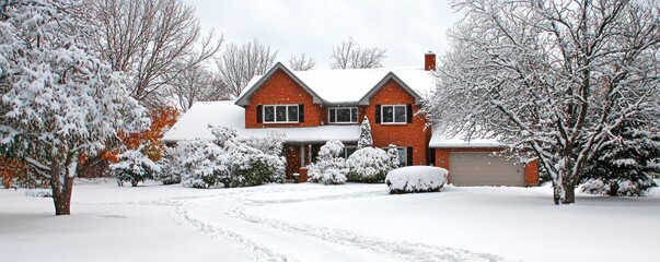 Suburban duplex for dual family residence, enveloped in winter snow.