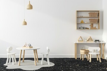 Modern. minimalist playroom with white walls. wooden furniture. and a white rug There is a small table with two chairs. a shelf. and a desk