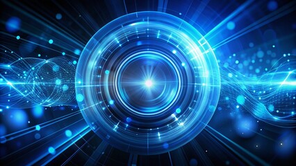 Poster - Abstract Blue Digital Dynamic Circles with Bokeh Effect on Dark Background for Futuristic Technology and Sound Waves