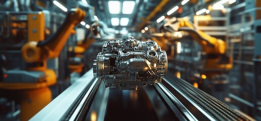 Aufkleber - A shiny metal engine part moving along a conveyor belt in a factory setting, with robotic arms in the background.