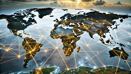 Poster - Abstract Plexus Fantasy Technology with World Map and Node Connections for Futuristic Visualization