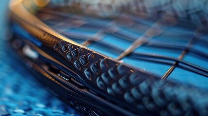 Close-up of a Black Tennis Racket String Pattern with Blue Background