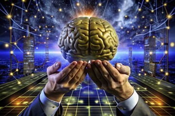 Poster - Aerial View of a Brain in Hands Symbolizing Artificial Intelligence and Innovation in Technology