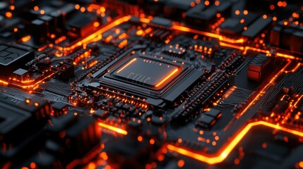 Poster - Close-up of a glowing orange circuit board with a processor in the center