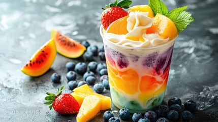 Colorful Fruit Milk Tea Delight in a Vibrant Cup