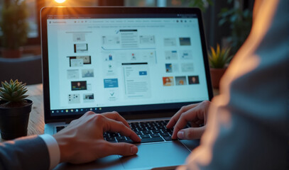 A close-up of the hands of a UX developer and a UI designer . The scene includes a laptop open with design software displaying wireframes and interface elements