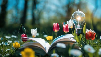 Wall Mural - open book with light bulb and tulips in a field of flowers