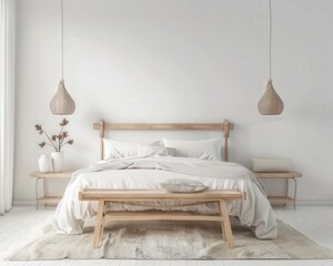 Minimalist bedroom interior design with a wooden bed. white bedding. two side tables. and a rug