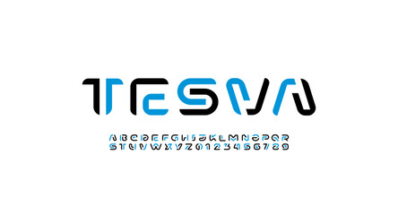 Wall Mural - Futuristic font digital alphabet, hi-tech technology logo style letters A, B, C, D, E, F, G, H, I, J, K, L, M, N, O, P, Q, R, S, T, U, V, W, X, Y, Z and numbers 0, 1, 2, 3, 4, 5, 6, 7, 8, 9