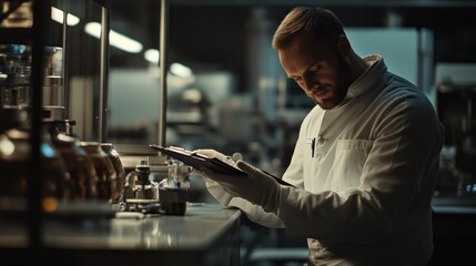 Poster - A man in a lab coat examines a clipboard while standing in front of a lab counter.