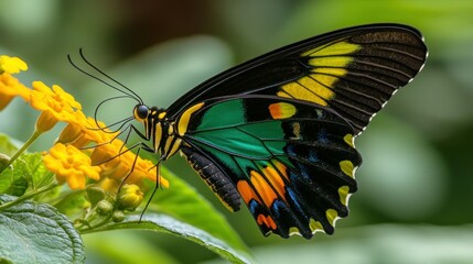 Aufkleber - A Multicolored Butterfly with Black, Green, and Yellow Wings Perched on a Yellow Flower