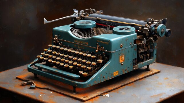 Vintage Teal Typewriter on Wooden Table