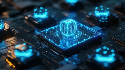 Poster - Glowing Blue Sphere on a Futuristic Circuit Board