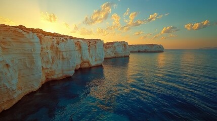 Wall Mural - A panoramic view of a serene coastline with white cliffs and a golden sunset over the calm blue ocean.