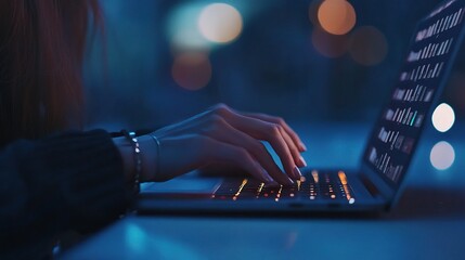 Poster - Close-Up of Hands Typing on a Laptop in Dim Light