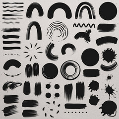 Poster - A collection of black brush strokes and shapes including circles arches lines and splatters on white paper
