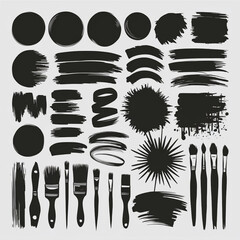 Poster - Collection of black brush strokes and paint brushes arranged on a white background for artistic use
