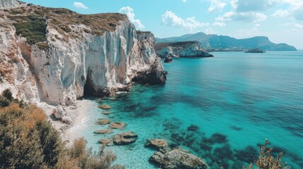 Wall Mural - A scenic view of a white cliff coastline with a turquoise sea and a small beach in the foreground.